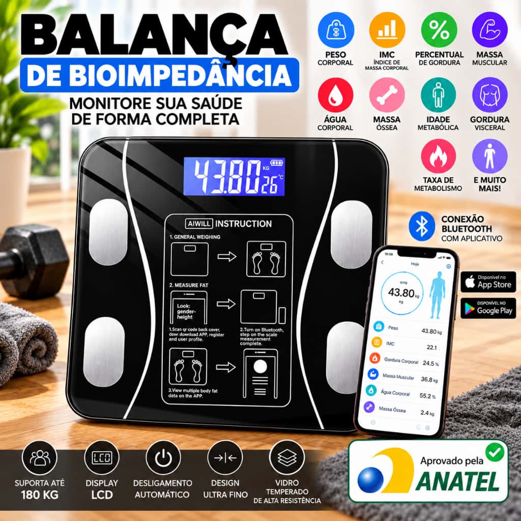 Balança Inteligente de Bioimpedância Bluetooth até 180KG, imagem 1 de 1
