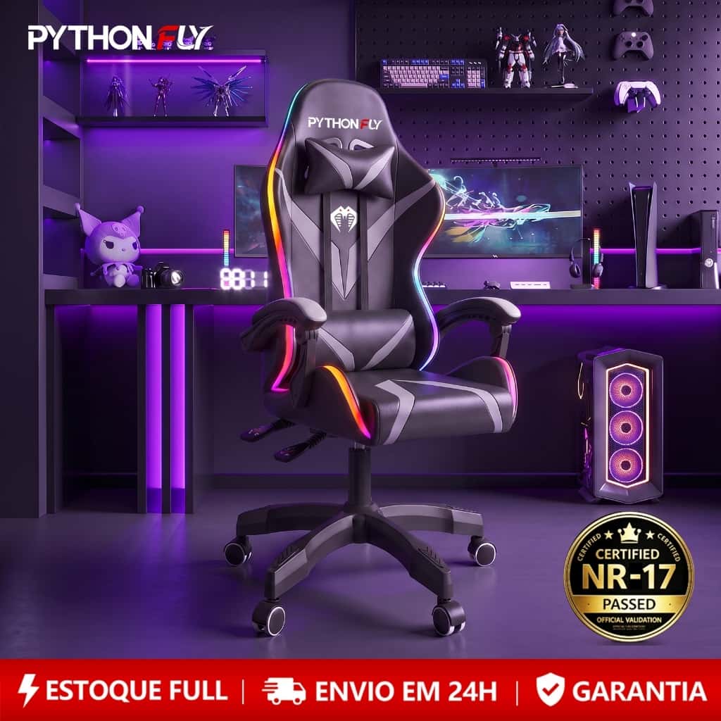Cadeira Gamer Reclinável RGB LED com Controle, Ergonômica, Giratória, Suporta 150kg, Estofado PU  Reclinável Estofado, imagem 1 de 1