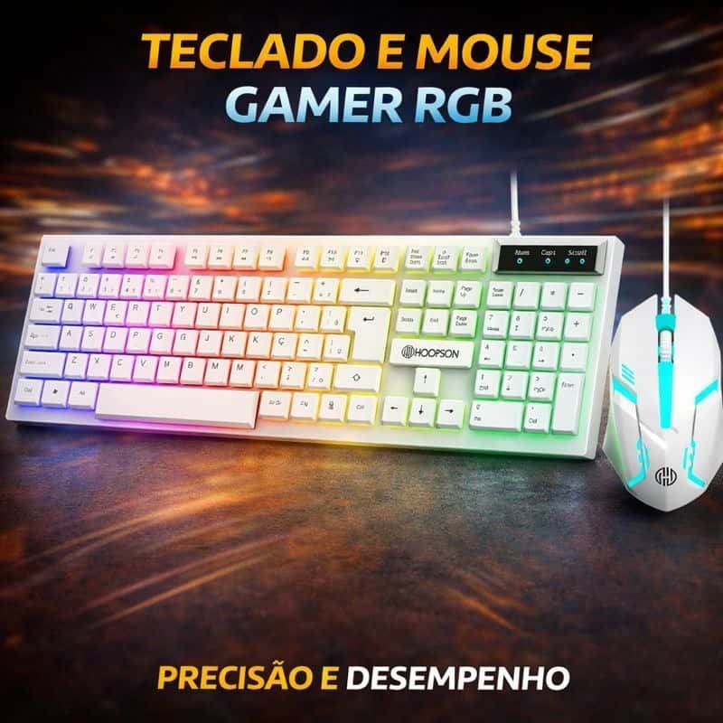 Kit Gamer Teclado + Mouse Branco RGB LED USB ABNT2 profissional– Iluminado, Conforto e Performance, imagem 1 de 1
