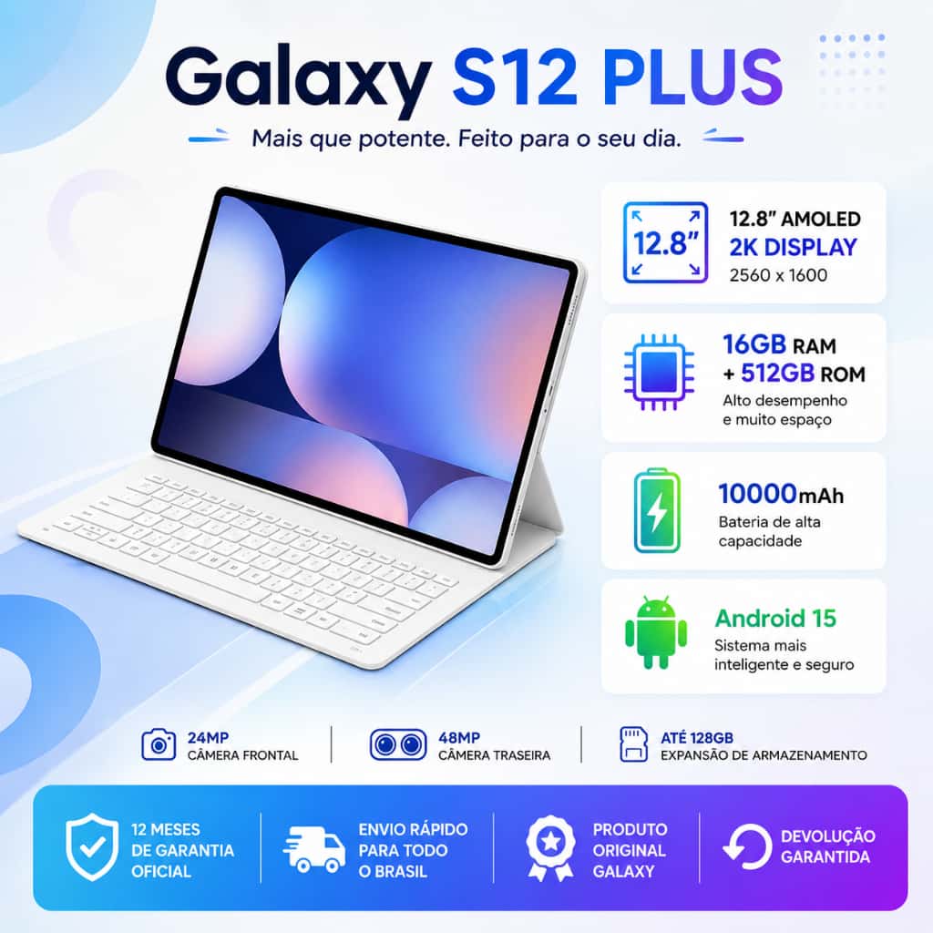 Tablet Galaxy S12 Plus 16 GB + 512 GB 12,8 polegadas HD Dual SIM Dual Core 10000 mAh Android 15, imagem 1 de 1