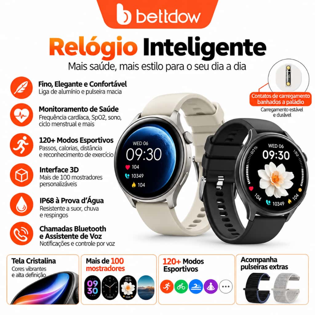 Smartwatch BETTDOW FB060 IP68, liga de zinco, 3D dinâmico, monitora saúde completo e tem assistente de voz., imagem 1 de 1