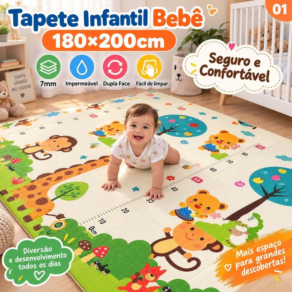 Tapete Infantil Bebê 180x200cm 8mm Dupla Face Impermeável Macio para Engatinhar Brincar e Aprender, imagem 1 de 1