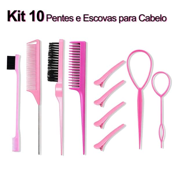 Kit 10 Pcs Pentes e Ferramentas para Penteados, Escovas + Clipe Bico de Pato + Ferramenta de Trança, imagem 1 de 1