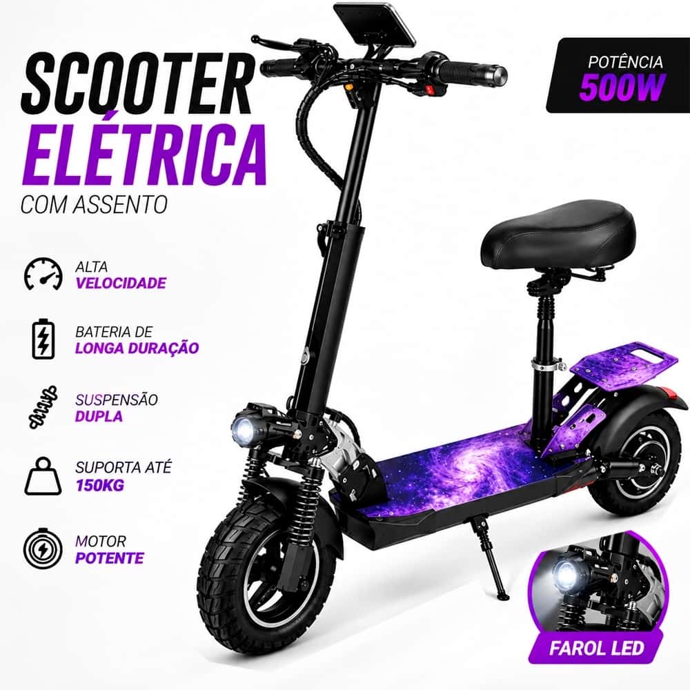 Patinete Elétrico 500W 10 Polegadas 40km/h 12.5Ah Scooter Adulto Autonomia 36km LED RGB, imagem 1 de 1
