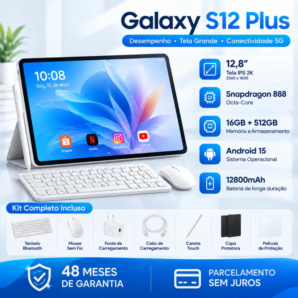 Tablet Galaxy S12 Plus 12.8" 2K FHD+ 16GB RAM 512GB ROM Android 16 12800mAh + Kit Teclado Mouse Caneta Frete Grátis, imagem 1 de 1