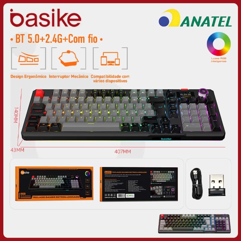 Basike Teclado Mecânico Modo triplo，RGB Switches vermelhos Teclado mecânico Design ergonômico Com visor digital，key391, imagem 1 de 1
