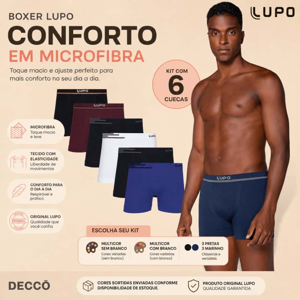 Kit Com 6 Cuecas Lupo Boxer de Microfibra Sem Costura Box Masculina Adulto Original, imagem 1 de 1