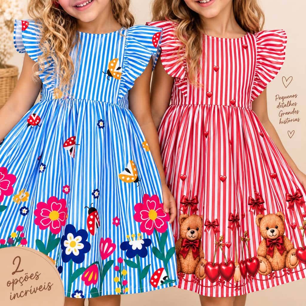 Vestido Infantil Menina Princesa Vermelho Listrado Barrado Varias Cores para Festas De Natal, imagem 1 de 1