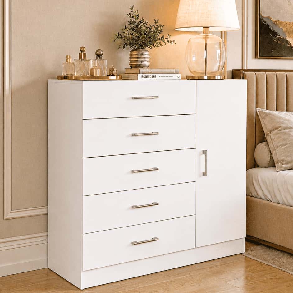 Cômoda Miami 5 Gavetas 1 Porta Sapateira Organizadora Quarto Moderno Branco Off White - Blue Moby, imagem 1 de 1