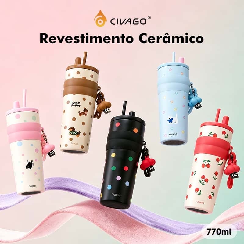 CIVAGO Fashion Garrafa Térmica Inox 770ml Revestimento Cerâmico com Canudo e Tampa Antivazamento Quente/Frio com Pingent, imagem 1 de 1