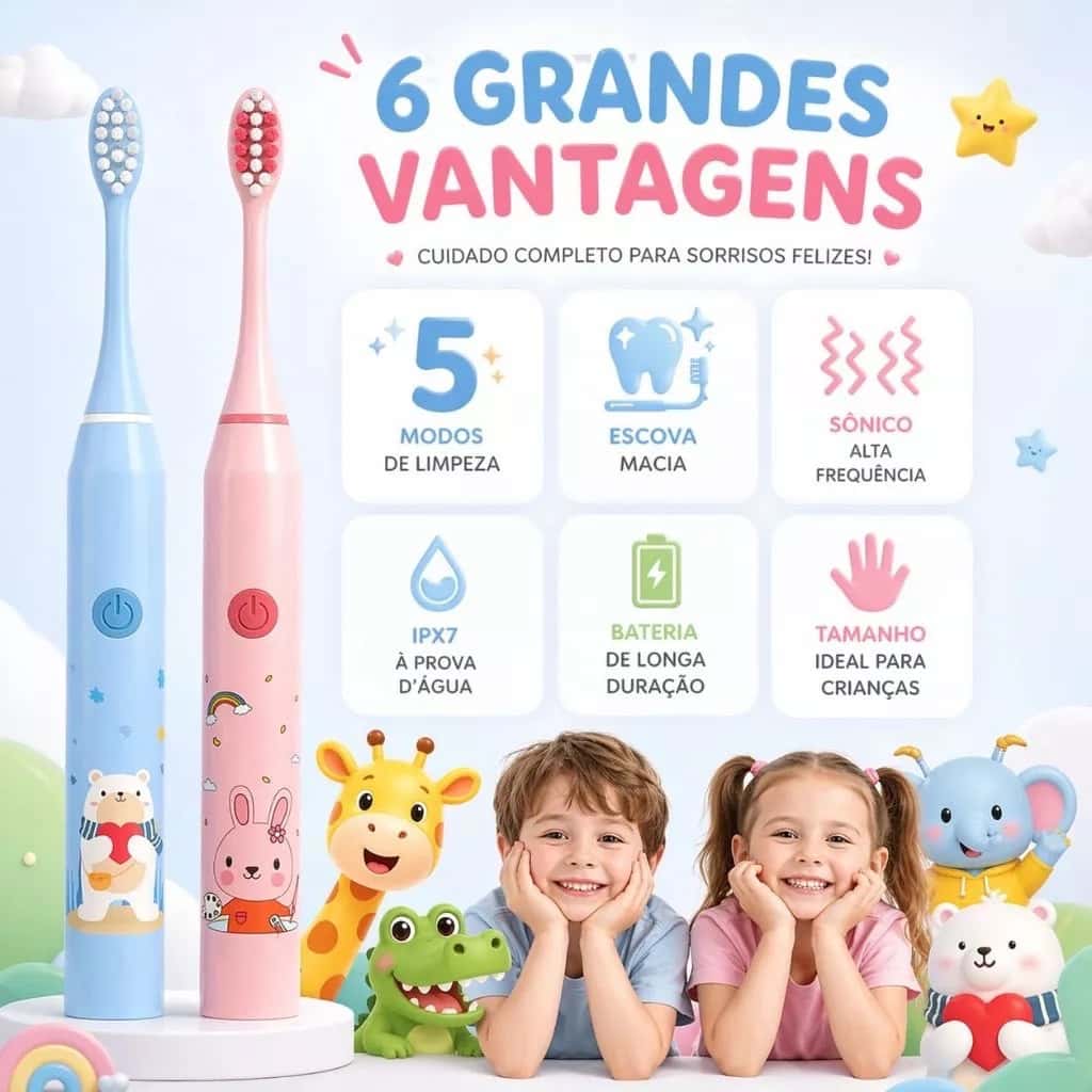 Escova de Dente Elétrica Infantil + 4 Refis Limpeza Suave Cerdas Macias à Prova D'Água Recarregável, imagem 1 de 1