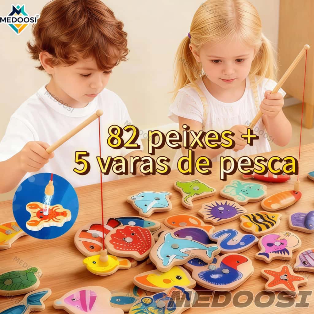 MEDOOSI 82/54  Peças Jogos infantil de Pescaria Magnético / Brinquedos Montessori Educacional de Madeira para Crianças, imagem 1 de 1