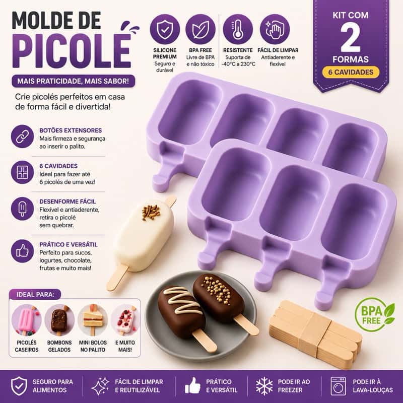 Forma de Sorvete Molde de Picolé de Silicone Com Tampa + 50 Palitos, imagem 1 de 1
