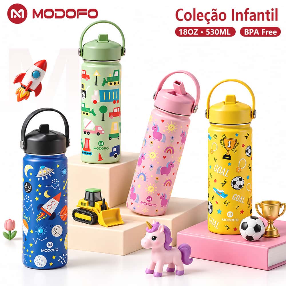 Garrafa Térmica Infantil MODOFO 530ml Inox 304 Antivazamento com Canudo e Alça para Escola e Passeios, imagem 1 de 1