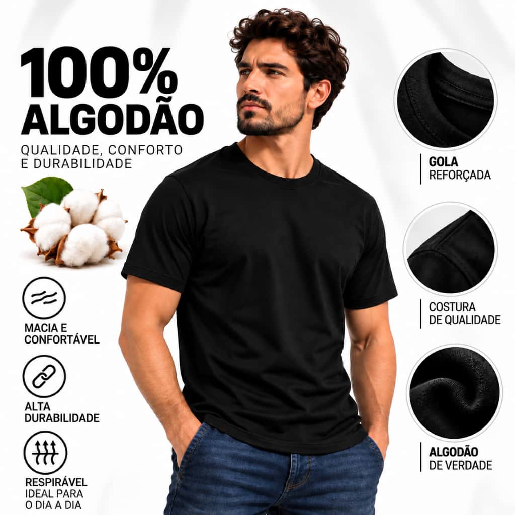 Camiseta Masculina 100% Algodão Básica Dia a Dia Casual Macia Confortável Várias Cores, imagem 1 de 1