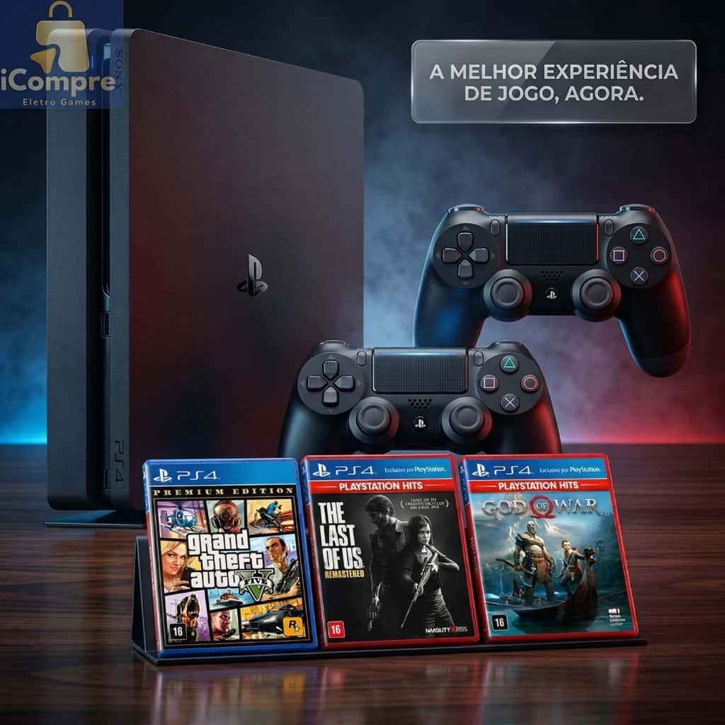 Playstation 4 Completo Ps4 Play Slim Semi Novo 1TB + 2 Controles Originais + GTA V - Videogame Usado, imagem 1 de 1