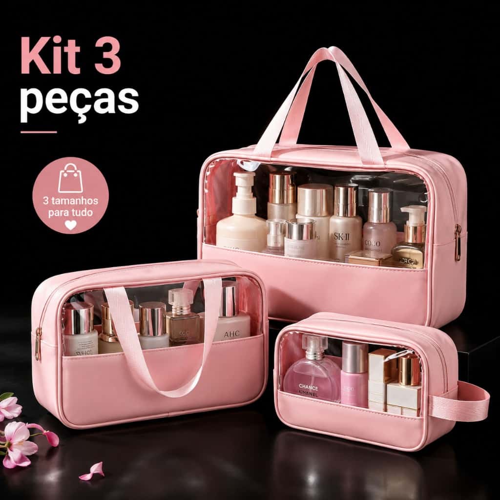 Kit 3 Bolsas Necessaire Feminina PU Transparente Impermeável 3 Tamanhos Maquiagem com Alça para Viagem Hotel Academia, imagem 1 de 1