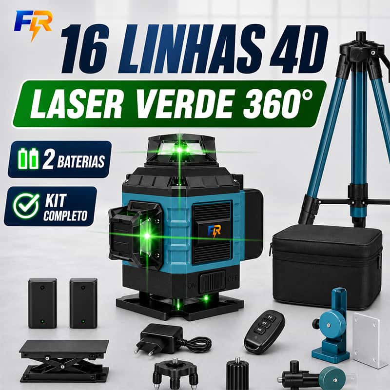 Nível Laser Verde 16 Linhas 4D 360° Autonivelante com 2 Baterias Controle Remoto Tripé e Maleta, imagem 1 de 1