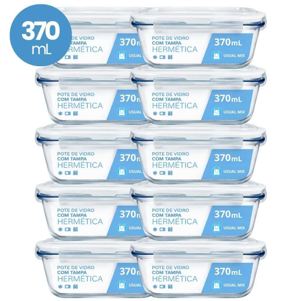 Kit 10 Pote Vidro Hermético Marmita 370ml Micro-ondas Freezer Forno Organização Geladeira, imagem 1 de 1