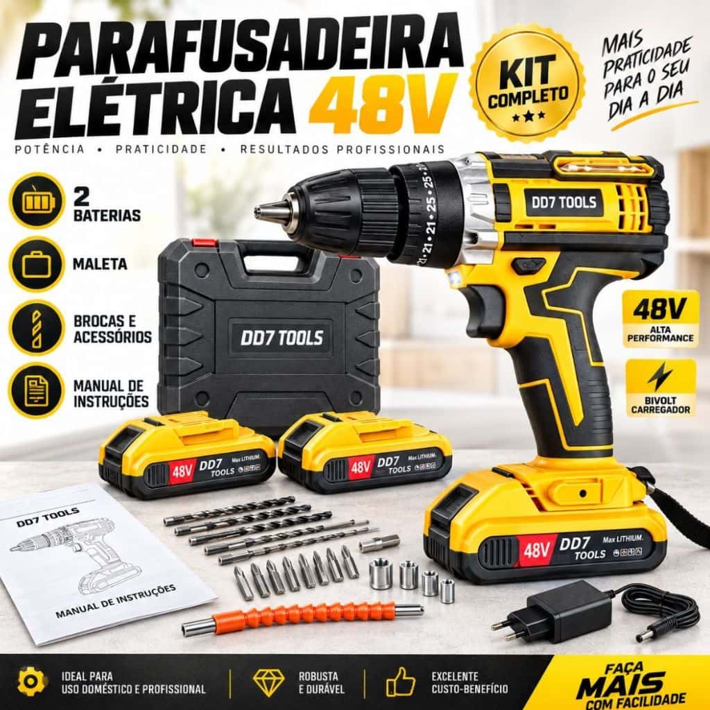 Parafusadeira Furadeira Sem Fio 48V 2 Baterias Lítio Kit Maleta Acessórios 2 Velocidades Luz LED Uso Doméstico, imagem 1 de 1