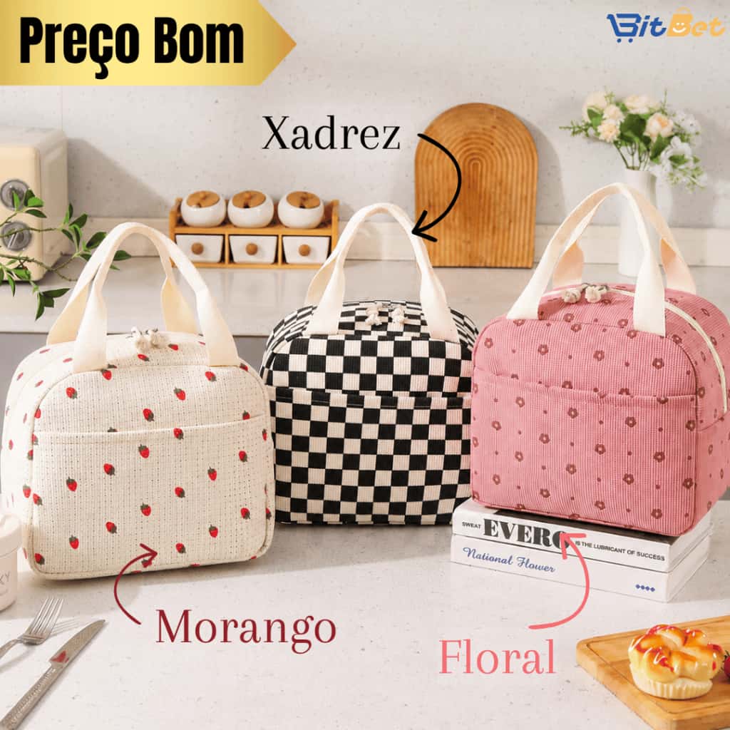 Bolsa Térmica Lancheira Portátil Grande Capacidade com Isolamento Térmico Com Estampa de Flor Morango Xadrez BS-03, imagem 1 de 1