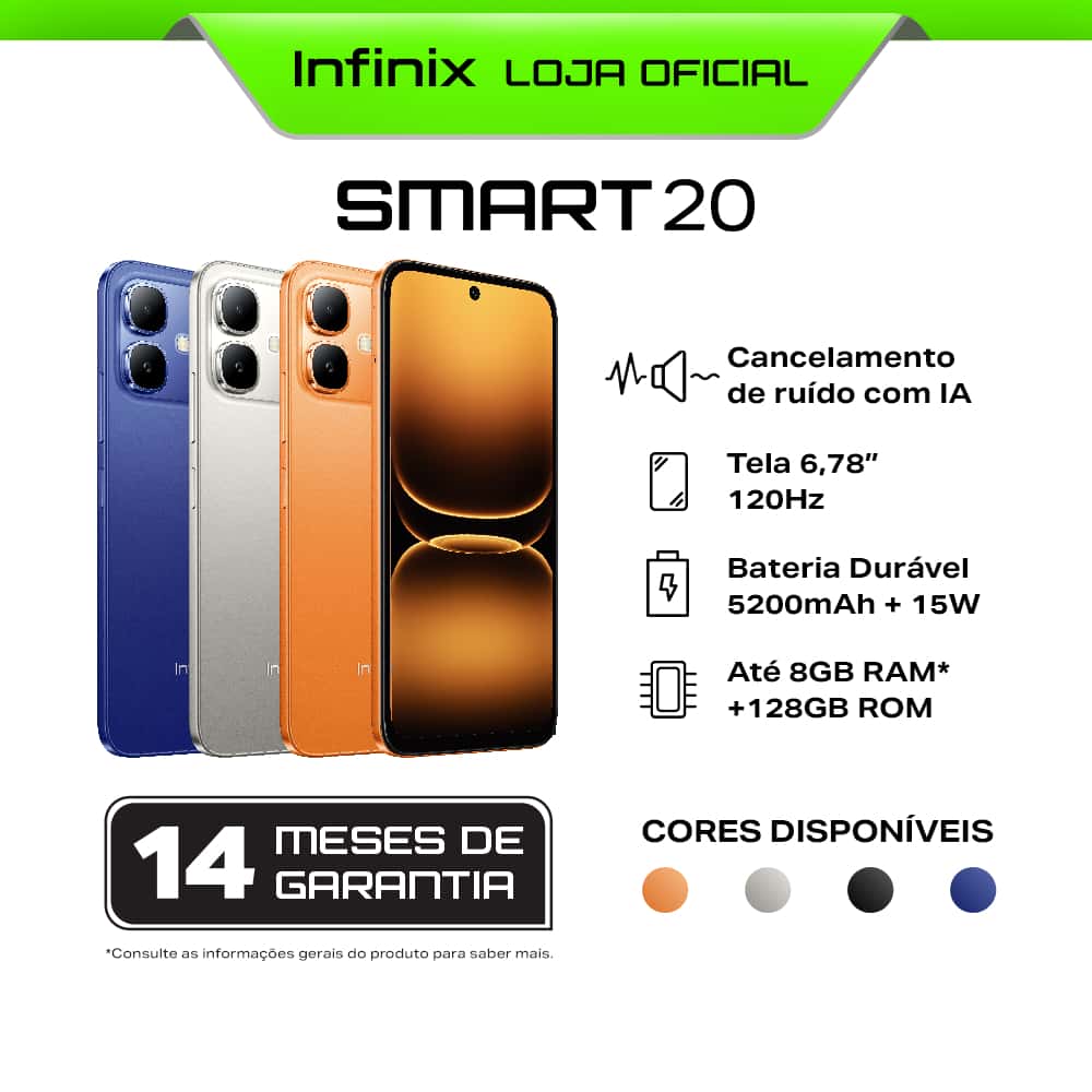 Smartphone Infinix Smart 20 128GB 4+4GB RAM IA Cancelamento de Ruído Tela 6,78" 120Hz Bateria 5200mAh IP64, imagem 1 de 1