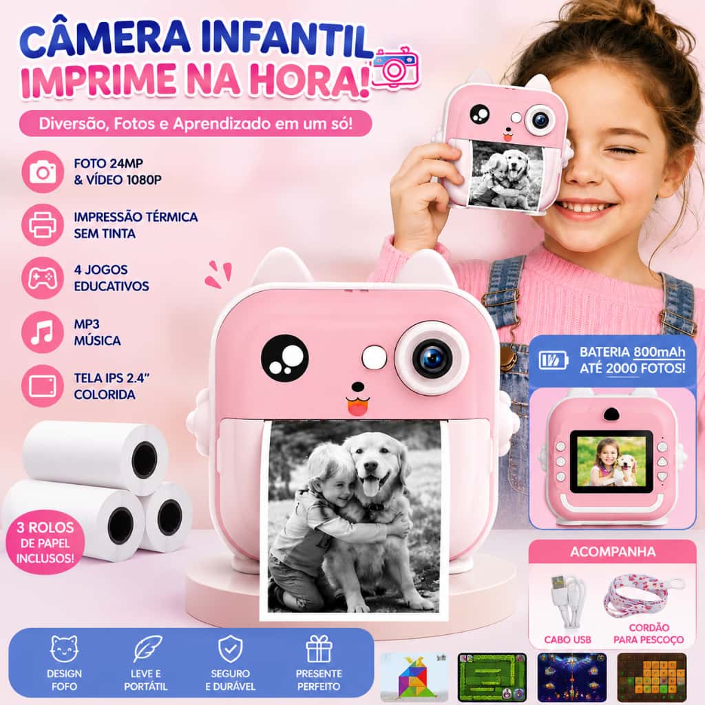 Câmera De Impressão Instantânea Para Crianças Vídeo Fotografia Digital Fotográfica Toy Mini Impressora Térmica HD USB, imagem 1 de 1