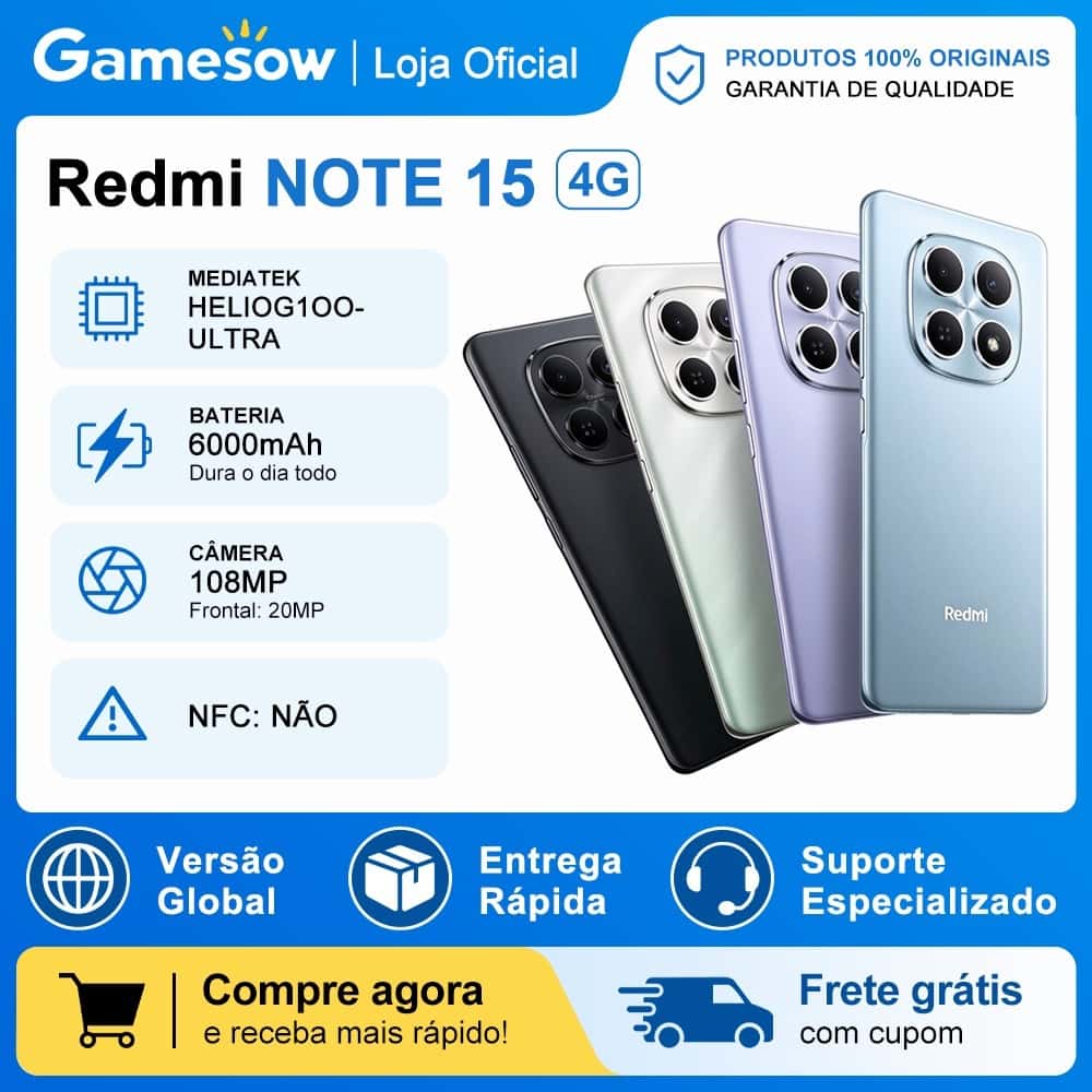 Xiaomi Redmi Note 15 4G, Processador Mediatek Hélio G100-Ultra, Bateria 6000mAh, 128/6GB RAM- 256/8GB RAM, imagem 1 de 1