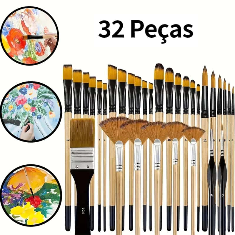 Kit 32 Peças Pincéis De Pintura Para Acrílica, Cerdas De Nylon Premium Com Redondo, Filbert, Plano, Ventilador, imagem 1 de 1