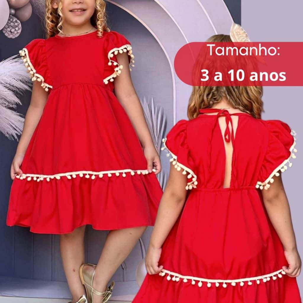 Vestido Infantil Menina Vermelho Pompom MODELO LUXO FESTAS NATAL, imagem 1 de 1