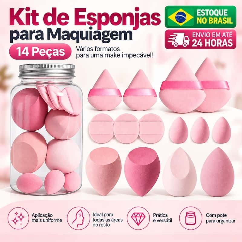 Kit 14 Esponjas de Maquiagem com Pote, Beauty Blender para Base, Corretivo e Pó, imagem 1 de 1