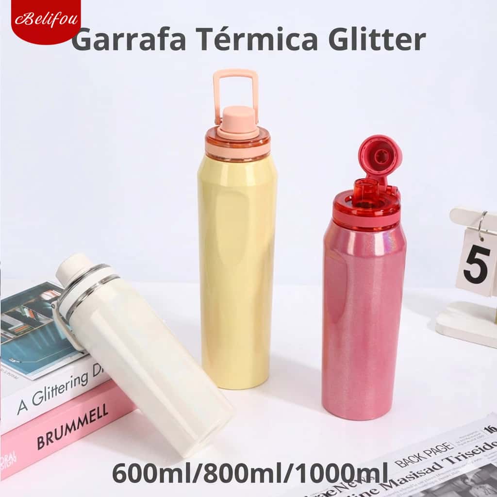 Belifou 600/800 Ml Glitter Garrafa Térmica Portátil De Com Isolamento Duplo Adequada Para Academia, imagem 1 de 1