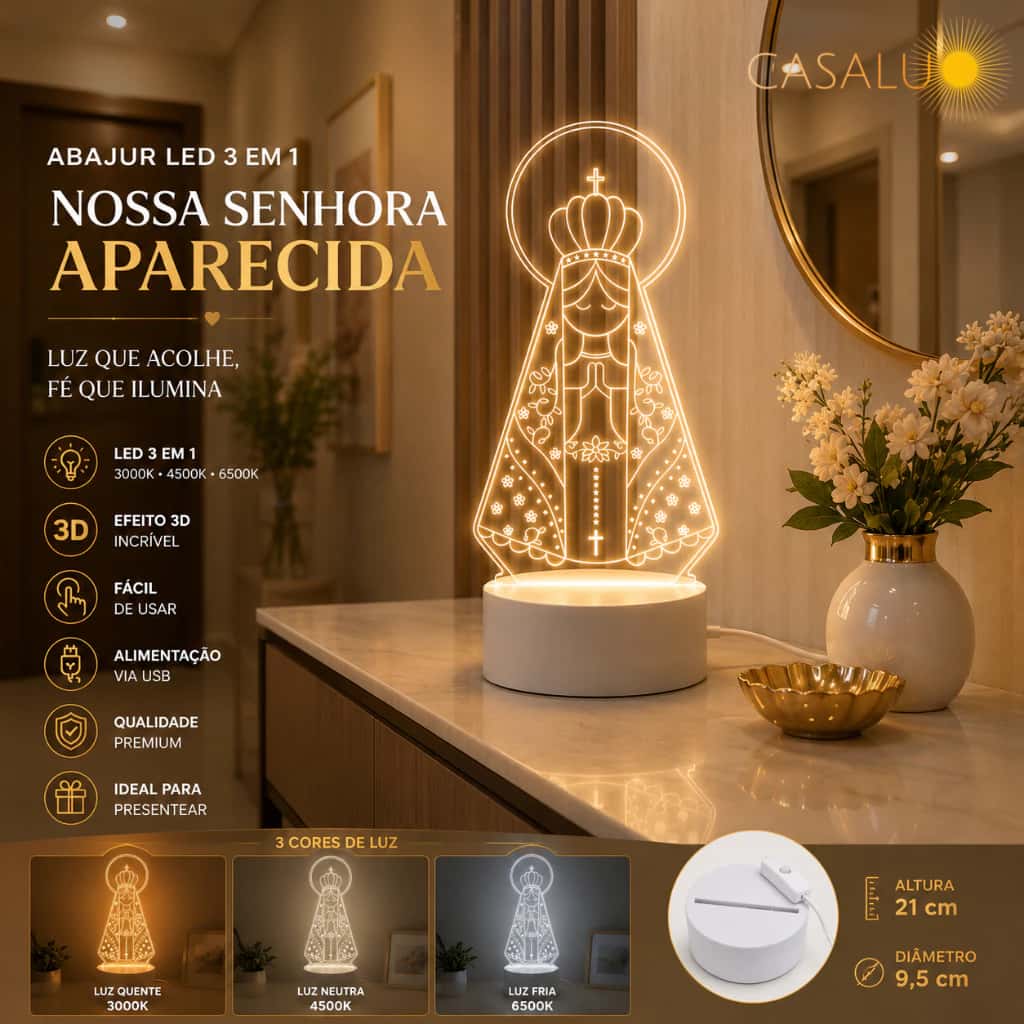 Luminária de Mesa LED Nossa Senhora Aparecida com Design 3D em Acrílico 3 Em 1 Luz Noturno, imagem 1 de 1