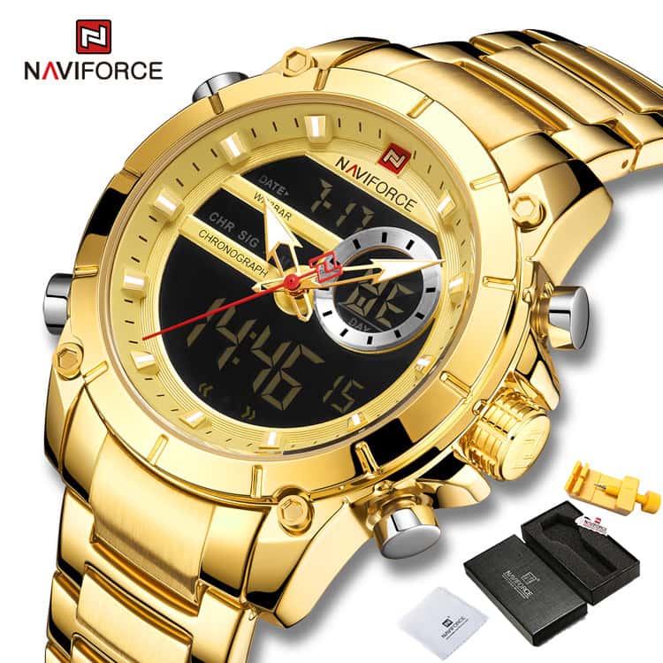 Relógio De Pulso NAVIFORCE 9163 Gold Waterproof Digital Análogo De Moda Homem Dual-Display, imagem 1 de 1