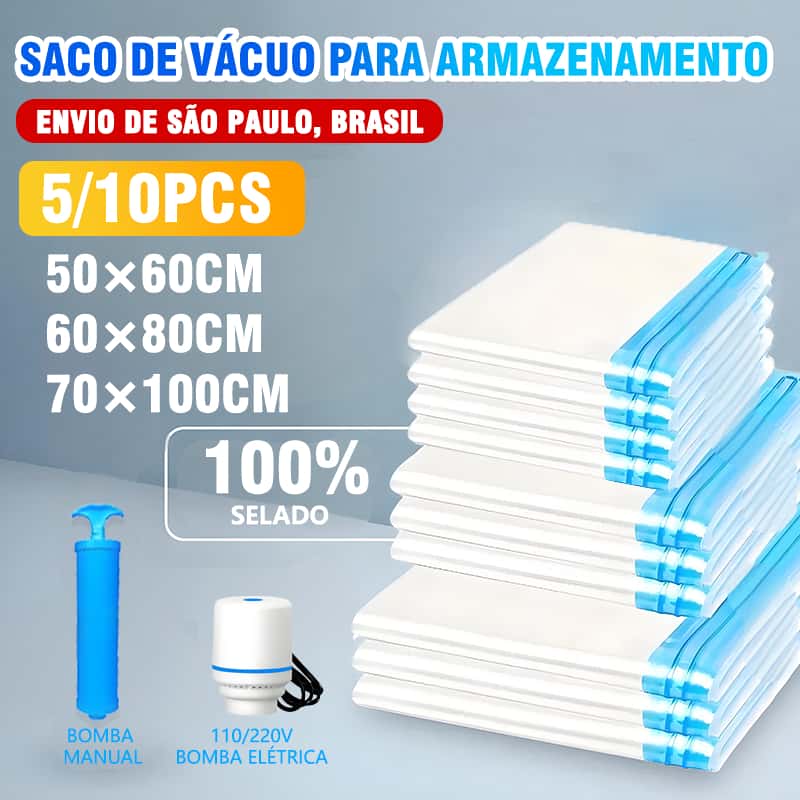 Kit Saco a Vácuo para Roupas com ou sem Bomba Organização para Guarda Roupas e Mala de Viagem Reutilizável, imagem 1 de 1