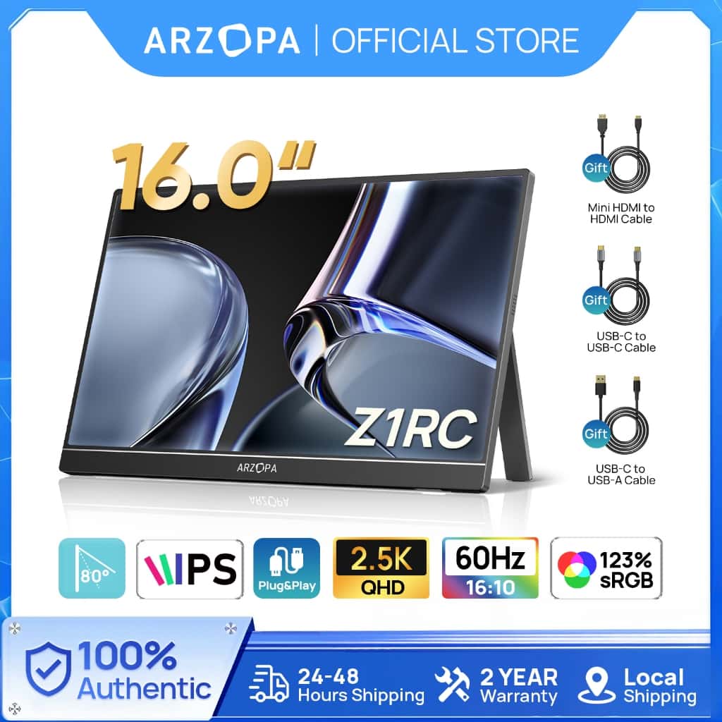 ARZOPA Z1RC , Monitor Portátil 2.5K De 16 " De Suporte 2560x1600 HDR Laptop HDMI QHD USB-C De 500 Litros E 8 Bits , Tela, imagem 1 de 1