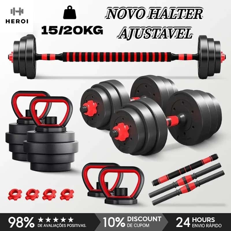 HEROI Kit Academia em Casa 15kg/20kg Halteres Ajustáveis,Inclui Barra Longa e Presilhas de Segurança, imagem 1 de 1