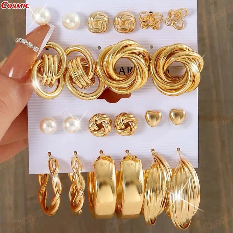 KIT12 Conjunto Elegante Brinco Com Argola De Ouro Brincos De Pérola Para Mulheres Joias Acessórios-CO, imagem 1 de 1