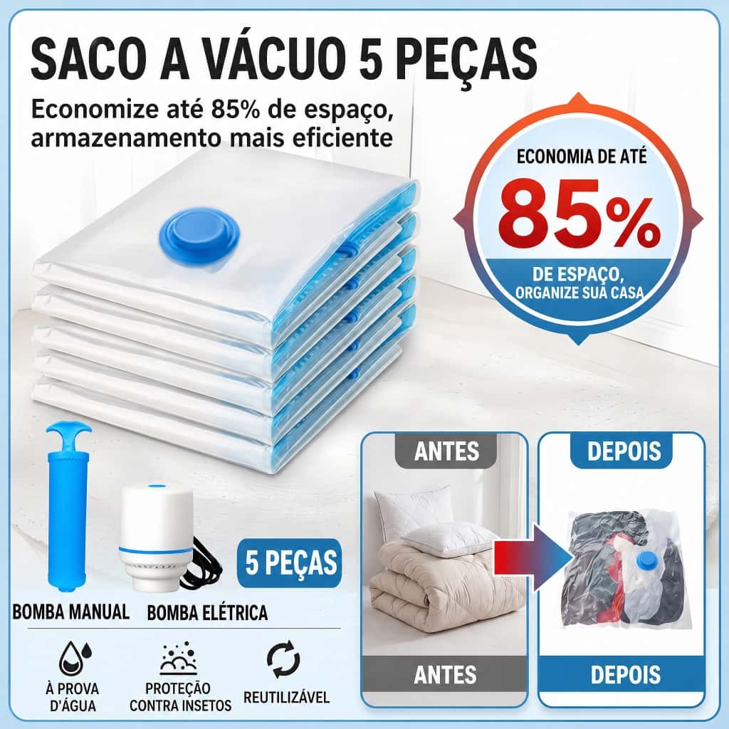 Kit 10 Saco a Vacuo + Bomba Organização de Roupas Mala Viagem Guarda Roupas, imagem 1 de 1