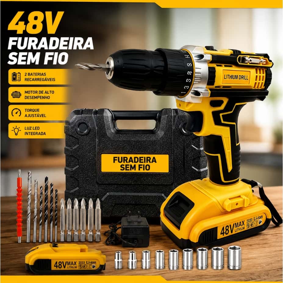 Parafusadeira Furadeira Com 48V Bateria 2 Velocidades Uso Doméstico Com Baterias Duplas E Caixa De Ferramentas, imagem 1 de 1