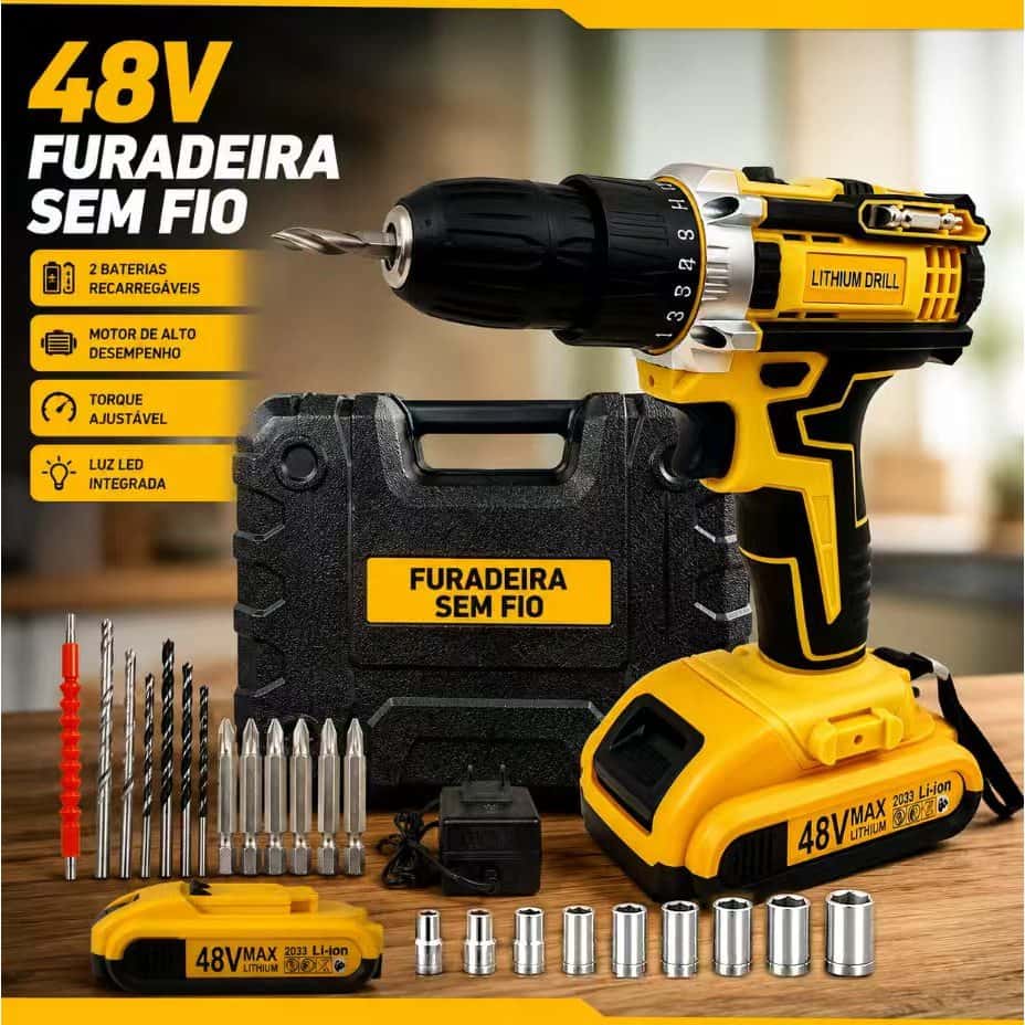 Parafusadeira Furadeira Sem Fio 48V - Bivolt, 2 OU 1Bateria, Maleta de Transporte para Uso Doméstico e Profissional, imagem 1 de 1