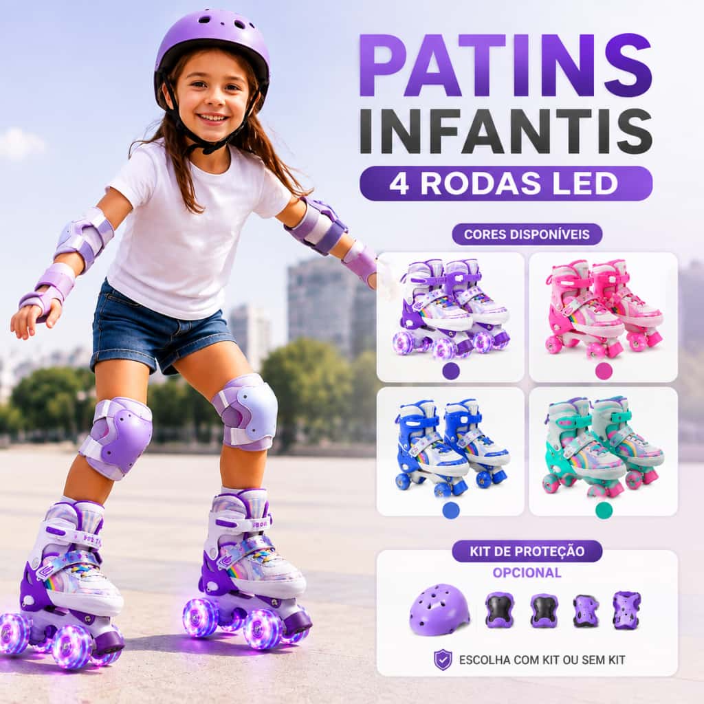 Patins Infantil 4 Rodas LED Silicone Ajustável Menina Menino com ou sem Kit Proteção, imagem 1 de 1