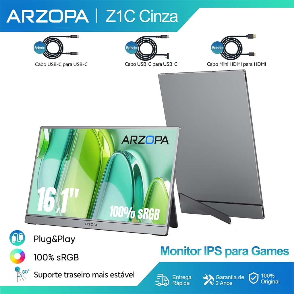 Arzopa Z1C Cinza-Monitor Portátil Com Suporte 100 % sRGB De 16.1 " , 1080P FHD Tela De Extensão De USB C HDMI Para PC, imagem 1 de 1