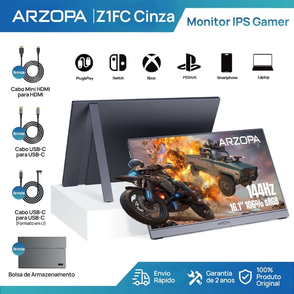 Monitor Gamer Portátil ARZOPA 16.1" 1080P, 144Hz, 106% sRGB, HDR, para Mac, PC, Switch e PlayStation, imagem 1 de 1