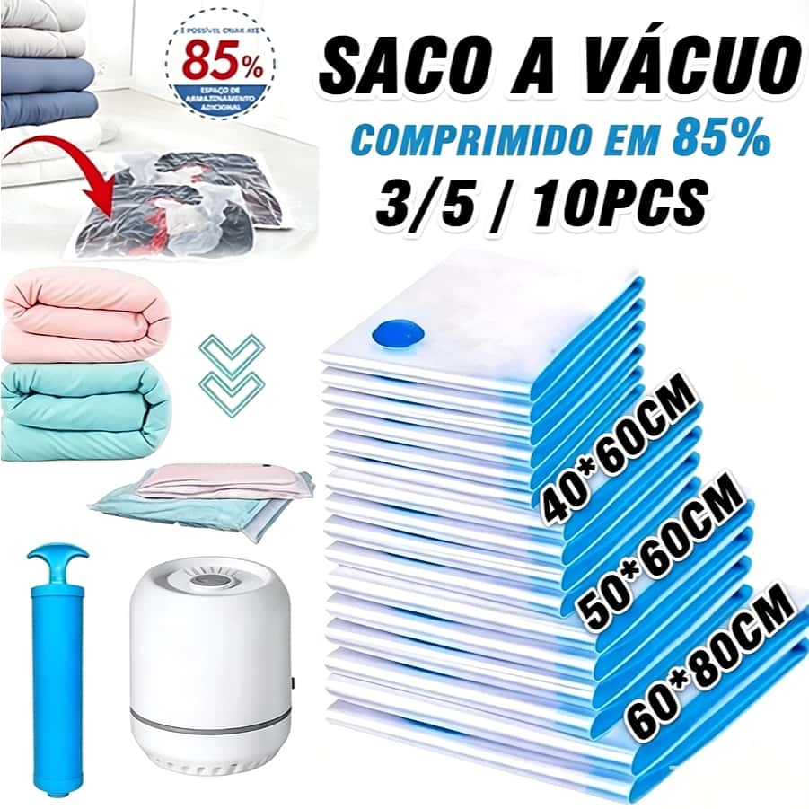 KIT 3/5/10 Saco a Vácuo com ou sem Bomba Manual para Roupas Organização Mala Viagem Guarda Roupas, imagem 1 de 1