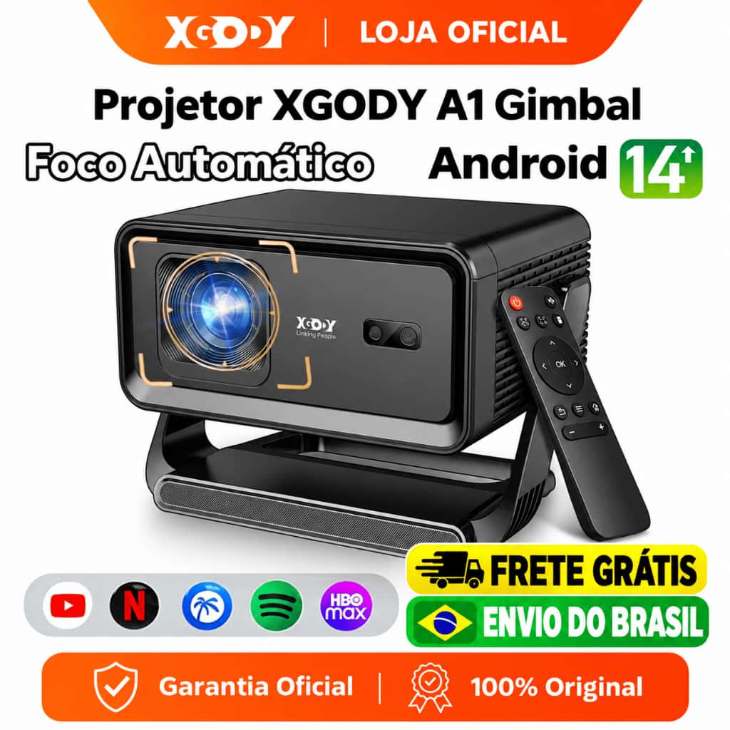 Projetor XGODY Gimbal A1 4K - Foco Automático Evita Obstáculos, Android 14.0, Alto-Falante Integrado, 400 ANSI Lumens, imagem 1 de 1
