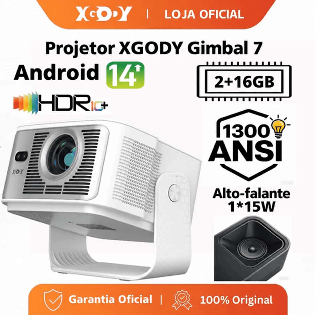 XGODY Projetor Gimbal 7, Brilho 1300ANSI, Foco Automático, Correção Inteligente, Android 14, Suporte 4K 8K, WiFi6, BT5.4, imagem 1 de 1