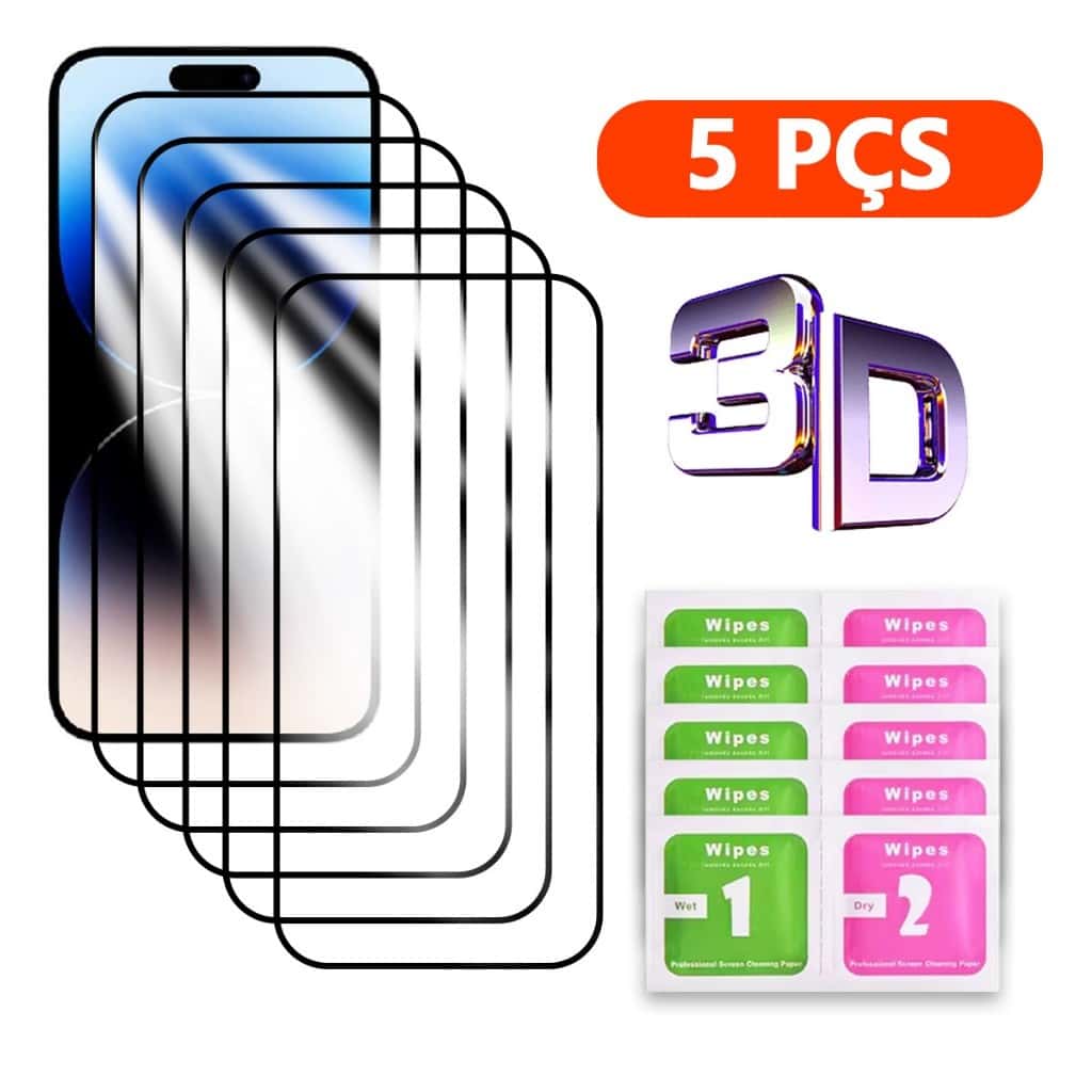 Compatível linha IPhone11 a 18 Pro Max, Película 3D Vidro Temperado, Kit 5 Unid. Oferta, imagem 1 de 1
