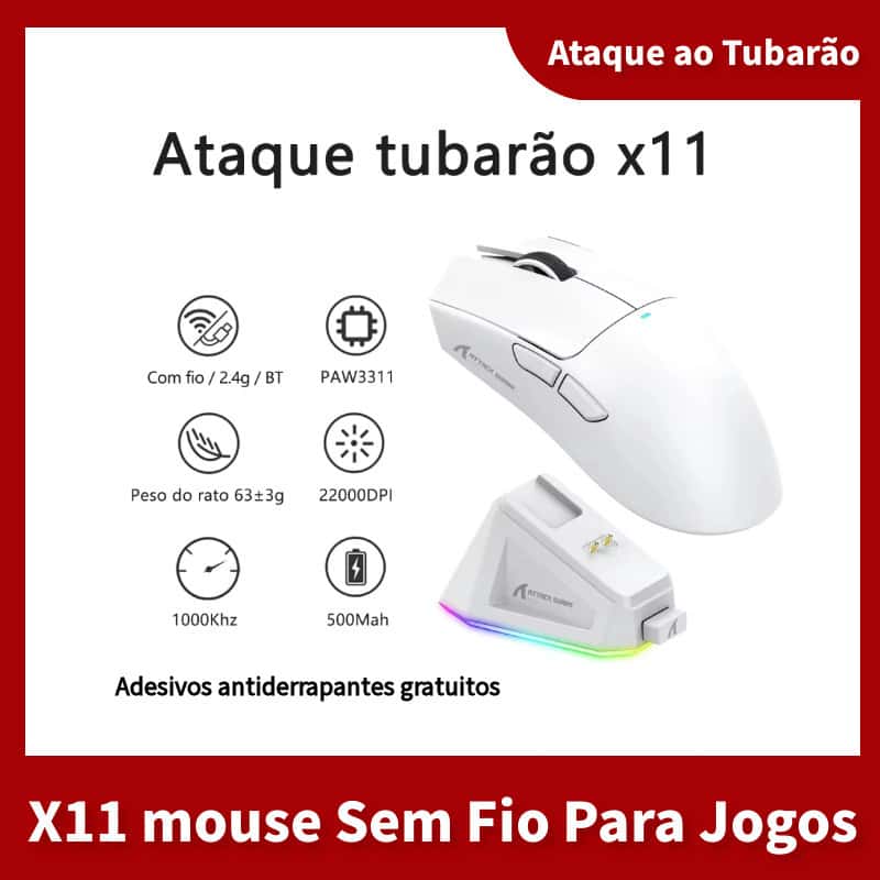 mouse Para Jogos Leve Sem Fio Attack shark R1 X11 Três Modos De Conexão PAW3311 22000DPI 400IPS 50G Rato Ergonômico espo, imagem 1 de 1