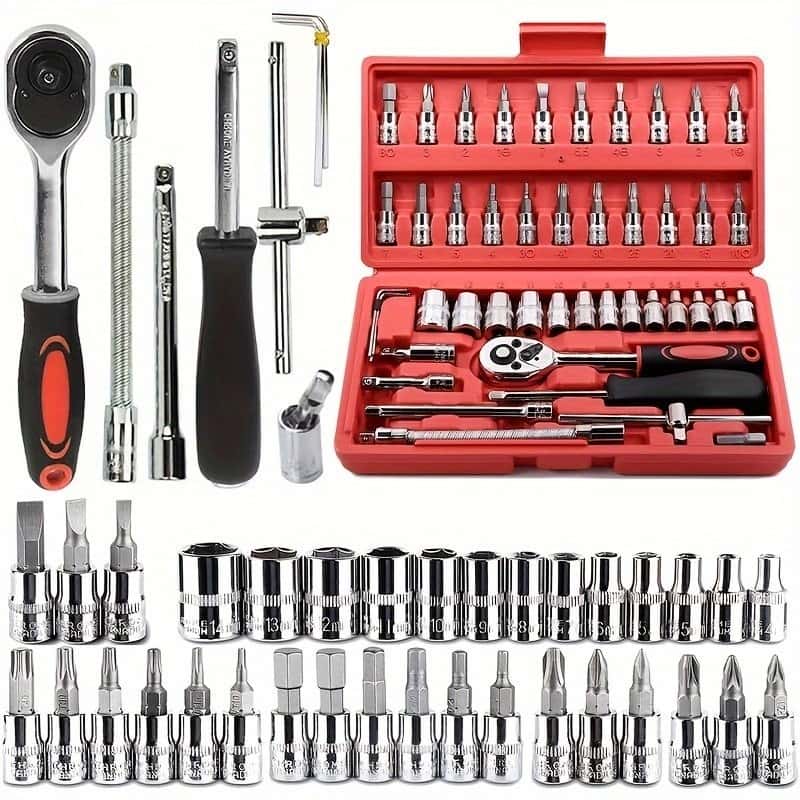 Kit De Ferramentas 46 Peças Jogo De Soquetes Chave Catraca Reversível Com Maleta Jogo De Ferramentas Completo, imagem 1 de 1